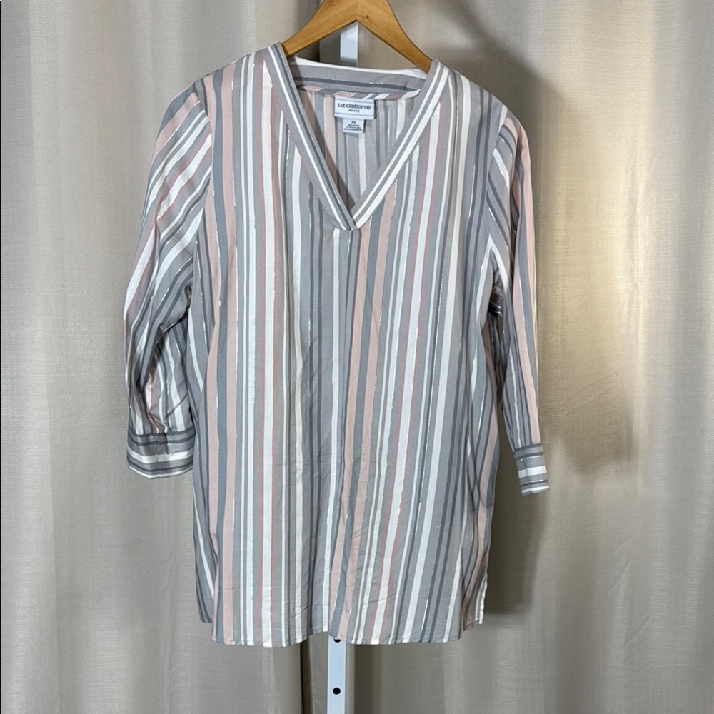Liz‎ Claiborne Petite Striped 3/4 Sleeve V-Neck Top Blouse Pink Gray White PS
